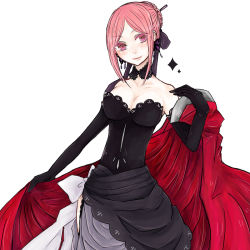 Rule 34 | 00s, 1girl, bad id, bad pixiv id, bow, breasts, bug, butterfly, charlotte (pandora hearts), choker, cleavage, dress, earrings, elbow gloves, evening gown, gloves, bug, jewelry, kitsune numako, kuniro, medium breasts, pandora hearts, pink eyes, pink hair, side slit, solo, white background