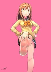 Rule 34 | 1girl, barefoot, brown hair, dated, feet, female focus, foot focus, foreshortening, from below, hair between eyes, hands on own hips, highres, kunikida hanamaru, leg up, long hair, looking at viewer, love live!, love live! sunshine!!, miniskirt, parted lips, pink background, pov, simple background, skirt, soles, solo, standing, standing on one leg, toes, yellow eyes