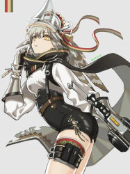 Rule 34 | 1girl, arknights, ass, belt, black cape, black shorts, breasts, bright pupils, brown hair, cape, dated, fartooth (arknights), feather hair, from side, gauntlets, grey background, high-waist shorts, holding, holding weapon, long hair, long sleeves, looking at viewer, looking to the side, medium breasts, nishi juuji, parted lips, pouch, puffy long sleeves, puffy sleeves, shorts, simple background, solo, tassel, thigh pouch, thigh strap, v-shaped eyebrows, visor (armor), weapon, yellow eyes