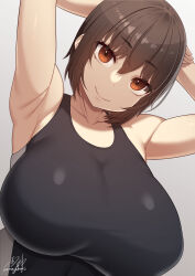 Rule 34 | 1girl, armpits, arms up, black one-piece swimsuit, breasts, brown eyes, brown hair, closed mouth, collarbone, hair between eyes, highres, huge breasts, looking at viewer, one-piece swimsuit, original, samegami, short hair, smile, solo, swimsuit