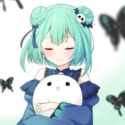 Rule 34 | 1girl, black butterfly, blue dress, blue ribbon, bug, butterfly, closed eyes, closed mouth, commentary request, double bun, dress, fandead (uruha rushia), felutiahime, ghost earrings, green hair, green nails, hair bun, hair ornament, hair ribbon, highres, hololive, insect, long sleeves, nail polish, ribbon, short hair, simple background, skull hair ornament, smile, solo, upper body, uruha rushia, uruha rushia (1st costume), virtual youtuber