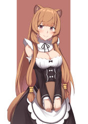 Rule 34 | 1girl, alternate costume, animal ears, bare shoulders, blunt bangs, blush, bow, breasts, cleavage, cosplay, dress, frilled dress, frills, hair ornament, half-closed eyes, highres, holding, holding plate, kusubii, long hair, long sleeves, looking at viewer, maid, medium breasts, plate, purple eyes, raccoon ears, raccoon girl, raccoon tail, raphtalia, rem (re:zero), rem (re:zero) (cosplay), sidelocks, smile, solo, tail, tate no yuusha no nariagari
