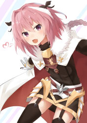 Rule 34 | 1boy, astolfo (fate), black bow, black thighhighs, blush, bow, braid, cape, cloak, cube (cube00), fang, fate/apocrypha, fate/grand order, fate (series), fur-trimmed cape, fur trim, garter straps, gauntlets, hair bow, hair intakes, heart, highres, long hair, looking at viewer, male focus, multicolored hair, open mouth, pink hair, purple eyes, ribbon, single braid, skirt, smile, solo, streaked hair, thighhighs, trap, two-sided cape, two-sided fabric, white cape, white hair