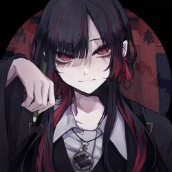 Rule 34 | 1girl, black hair, black jacket, closed mouth, collared shirt, floral print, hand up, highres, holding, holding pencil, jacket, jewelry, long hair, long sleeves, looking at viewer, mole, mole under eye, multicolored hair, multiple moles, necklace, open collar, orihara (ewkkyorhr), outside border, pencil, pendant, portrait, red eyes, red hair, red tassel, round image, self-portrait, shirt, short hair with long locks, smile, solo, streaked hair, tassel, torii, wide sleeves