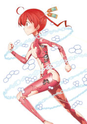 Rule 34 | 1girl, ahoge, android, clenched hands, commentary request, feet out of frame, from side, hexagon, hitotose rin, joints, koukaku no pandora, looking away, mechanical parts, nanakorobi nene, orange eyes, red hair, robot joints, running, short hair, simple background, solo, white background