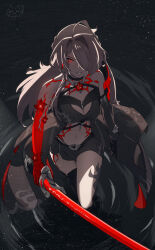 Rule 34 | 1girl, absurdres, acheron (honkai: star rail), bare shoulders, belt, black bra, black choker, black shorts, blood, bloody tears, bra, breasts, choker, cleavage, commentary, english commentary, flower, hair over eyes, highres, holding, holding sword, holding weapon, honkai: star rail, honkai (series), katana, leg tattoo, navel, official alternate color, one eye covered, ragnarathered, red eyes, red flower, ripples, shorts, solo, sword, tattoo, thighs, underwear, wading, water, weapon, white hair