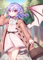 Rule 34 | 1girl, alternate costume, arm up, bag, bat wings, belt, blue hair, blue sky, blurry, blurry background, braid, brown coat, coat, commentary request, contemporary, contrapposto, cowboy shot, day, depth of field, dress, fingernails, french braid, gunjou row, hair between eyes, hand in own hair, handbag, highres, holding, holding bag, holding handbag, looking at viewer, nail polish, no headwear, open clothes, open coat, outdoors, petticoat, pinafore dress, pink dress, pointy ears, purple nails, red eyes, red nails, remilia scarlet, sett, sharp fingernails, shirt, sky, sleeveless dress, slit pupils, smile, solo, standing, stone walkway, touhou, tree, white shirt, wings