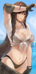 Rule 34 | 1girl, absurdres, arm up, bikini, bikini under clothes, black bikini, black gloves, blue sky, breasts, brown hair, crop top, day, elbow pads, final fantasy, final fantasy vii, final fantasy vii ever crisis, fingerless gloves, gloves, highres, large breasts, long hair, low-tied long hair, navel, ocean, official alternate costume, outdoors, parted lips, red eyes, shirt, sky, solo, stomach, swimsuit, tied shirt, tifa lockhart, tifa lockhart (lifeguard), tommy (kingdukeee), very long hair, water, wet, wet clothes, wet shirt, white shirt