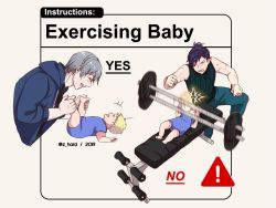 Rule 34 | 3boys, afterimage, ashe ubert, baby, bench press, blonde hair, blue hair, blue pants, clenched hand, commentary, dated, dumbbell, english commentary, english text, exercising, felix hugo fraldarius, fire emblem, fire emblem: three houses, freckles, grey background, hood, hoodie, laughing, long sleeves, lying, meme, multiple boys, nintendo, on back, on one knee, open mouth, pants, profile, ribbed shirt, scar, shirt, short hair, sign, silver hair, simple background, sleeveless, sleeveless shirt, twitter username, warning sign, weightlifting, z hard