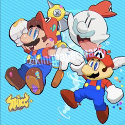 Rule 34 | 3boys, blue eyes, boo mario, brown hair, f.l.u.d.d., facial hair, flying, full body, ghost, gloves, hat, highres, jump, mario, mario (series), multiple boys, mustache, nintendo, open mouth, paint, plumber, super mario 64, super mario galaxy, super mario sunshine, tongue, tongue out, water, wing cap, wing mario, wings