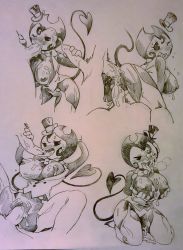 Rule 34 | 1girl, 2boys, bendy, bendy and the ink machine, blush, breasts, clothed sex, cum, cum in pussy, cum on body, cum on breasts, cum on upper body, demon girl, double penetration, fellatio, gender request, genderswap, gloves, hat, highres, monochrome, multiple boys, multiple penetration, nipples, oral, penis, sequential, sex, tail, thighhighs, top hat, twistedterra, uncensored, wink