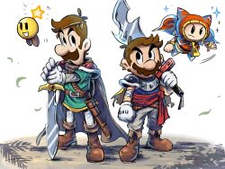Rule 34 | 1other, 3boys, alternate costume, armor, brothers, brown hair, cape, facial hair, floating, full body, gloves, green tunic, grey pants, highres, holding, holding sword, holding weapon, layered sleeves, long sleeves, looking at another, luigi, mari luijiroh, mario, mario &amp; luigi: dream team, mario &amp; luigi rpg, mario (series), multiple boys, mustache, nintendo, over shoulder, pants, pauldrons, prince dreambert, short hair, short over long sleeves, short sleeves, shoulder armor, siblings, simple background, sleeveless, standing, starlow, sword, weapon, weapon over shoulder, white background, white gloves, yellow cape