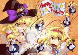 Rule 34 | 2girls, abo (hechouchou), alice margatroid, alternate costume, alternate hairstyle, blonde hair, confetti, doll, english text, eyepatch, female focus, grin, happy birthday, hat, highres, horn (instrument), kirisame marisa, mini-hakkero, multiple girls, one eye closed, pirate, pirate hat, shanghai doll, smile, sword, touhou, twintails, weapon, wink, witch, witch hat