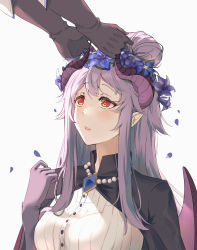 Rule 34 | absurdres, black cape, black gloves, cape, dragon girl, dragon wings, falling petals, flower, gloves, grey background, hair bun, hair flower, hair ornament, highres, homare (princess connect!), horn grab, horns, jewelry, long hair, looking at another, mature female, necklace, pearl necklace, petals, pink lips, pointy ears, princess connect!, purple gloves, purple hair, qianlilingjiang, red eyes, shirt, simple background, white shirt, wings