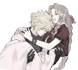 Rule 34 | 1boy, 1girl, aerith gainsborough, belt, blonde hair, blouse, blue eyes, blue shirt, bracelet, braid, braided ponytail, brown hair, carrying, closed eyes, cloud strife, curly hair, dress, final fantasy, final fantasy vii, final fantasy vii remake, gloves, hetero, jacket, jewelry, laughing, loli bushi, parted bangs, pink dress, princess carry, red jacket, ribbon, shirt, spiked hair, square enix, turtleneck, wavy hair, white background