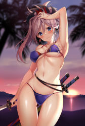 Rule 34 | 1girl, bare shoulders, bikini, blue eyes, blurry, blurry background, blush, breasts, cleavage, cowboy shot, earrings, fate/grand order, fate (series), groin, hair between eyes, hair ornament, hand on own head, harimoji, holding, holding sword, holding weapon, jewelry, katana, large breasts, long hair, looking at viewer, miyamoto musashi (fate), multiple swords, navel, palm tree, pink hair, ponytail, purple bikini, sidelocks, smile, solo, stomach, sunset, swimsuit, sword, thighs, tree, weapon, wet