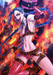 Rule 34 | 1girl, asymmetrical gloves, bikini, blue hair, braid, breasts, bullet, cutoffs, explosion, eyebrows, fingerless gloves, gloves, highres, jinx (league of legends), laughing, league of legends, lips, lipstick, long hair, makeup, mismatched gloves, narrow waist, navel, pink eyes, purple lips, rocket launcher, short shorts, shorts, single thighhigh, small breasts, solo, swimsuit, tattoo, thighhighs, twin braids, very long hair, wallace pires, weapon