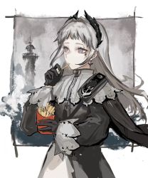 Rule 34 | 1girl, anachronism, arknights, black dress, black gloves, capelet, chinese commentary, commentary request, dress, food, french fries, gloves, grey capelet, grey eyes, grey hair, head wings, highres, holding, holding food, irene (arknights), long hair, long sleeves, scar, scar across eye, solo, upper body, wings, xuezi