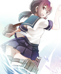 Rule 34 | 10s, 1girl, ass, from behind, fubuki (kancolle), kantai collection, kubocha, looking back, no panties, open mouth, ponytail, school uniform, serafuku, simple background, skirt, smile, solo