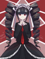 Rule 34 | 1girl, black hair, black jacket, black skirt, blunt bangs, bonnet, celestia ludenberg, character name, danganronpa: trigger happy havoc, danganronpa (series), drill hair, frills, gothic lolita, hands up, happy birthday, highres, jacket, jewelry, lolita fashion, long hair, long sleeves, looking at viewer, necktie, own hands clasped, own hands together, red eyes, red necktie, skirt, smile, solo, twin drills, twintails, zui nianshao