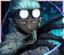 Rule 34 | 1boy, aqua hair, arknights, coat, commentary request, dark skin, earrings, ethan (arknights), facial hair, gloves, goatee, goggles, goggles on head, graffiti, grey eyes, jacket, jewelry, kako50, male focus, nose tape, originium arts (arknights), oversized zipper, pointy ears, rubber gloves, short hair, grey eyes, solo, wall, white coat