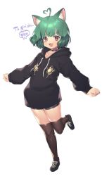 Rule 34 | 1girl, ahoge, animal ear fluff, animal ears, black choker, black footwear, black hoodie, brown eyes, cat ears, cat girl, character name, choker, clenched hands, collarbone, commentary, commission, english commentary, girl dm, girl dm (old design), green hair, heart, heart ahoge, heart hair, highres, hood, hoodie, indie virtual youtuber, murata tefu, open mouth, second-party source, skeb commission, solo, thighhighs, virtual youtuber