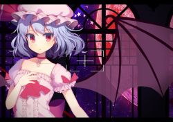 Rule 34 | &gt;:/, 1girl, :/, adapted costume, ascot, bad id, bad twitter id, bat wings, blue hair, blush, bow, choker, closed mouth, collarbone, dress, frilled dress, frilled sleeves, frills, full moon, hat, hat ribbon, koto seori, letterboxed, looking at viewer, mob cap, moon, night, night sky, pink dress, puffy short sleeves, puffy sleeves, red bow, red eyes, red moon, red ribbon, remilia scarlet, ribbon, short hair, short sleeves, sky, solo, star (sky), starry sky, touhou, upper body, v-shaped eyebrows, viewfinder, window, wings
