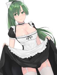 Rule 34 | 1girl, apron, black dress, blush, bow, breasts, choker, cleavage, clothes lift, dress, dress lift, dutch angle, female focus, fire emblem, fire emblem: the blazing blade, frilled apron, frilled choker, frills, garter straps, green eyes, green hair, hair between eyes, hair bow, high ponytail, highres, j@ck, large breasts, lifting own clothes, long hair, lyn (fire emblem), maid, matching hair/eyes, nintendo, ponytail, puffy short sleeves, puffy sleeves, short sleeves, simple background, solo, thighhighs, very long hair, white apron, white background, white bow, white thighhighs