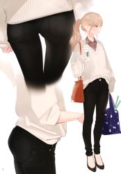 Rule 34 | 1girl, absurdres, ama mitsuki, ass, bag, black footwear, black pants, blonde hair, braid, brown shirt, collared shirt, cup, denim, disposable cup, full body, handbag, high heels, highres, holding, holding bag, holding cup, jeans, long hair, long sleeves, looking to the side, multiple views, non-web source, original, page number, pants, pocket, ponytail, scan, shirt, shopping bag, simple background, spring onion, sweater, white background
