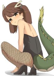 Rule 34 | 1girl, absurdres, alternate costume, bare shoulders, black leotard, blush, brown eyes, brown hair, closed mouth, dragon girl, dragon horns, dragon tail, fishnet pantyhose, fishnets, hair between eyes, high heels, highres, horns, kantai collection, leotard, long hair, looking at viewer, nozea, pantyhose, ryuujou (kancolle), simple background, solo, squatting, tail, twintails, white background