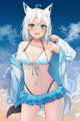 Rule 34 | 1girl, ahoge, animal ear fluff, animal ears, bikini, bikini skirt, blush, braid, breasts, cloud, cloudy sky, commentary, english commentary, fox ears, fox girl, fox tail, frilled skirt, frills, green eyes, hair between eyes, highres, hololive, hood, hoodie, long hair, looking at viewer, navel, open clothes, open hoodie, open mouth, outdoors, shirakami fubuki, shirakami fubuki (hololive summer 2019), shuuzo3, sidelocks, single braid, skirt, sky, small breasts, solo, swimsuit, tail, virtual youtuber, water drop, white bikini, white hair, white hoodie