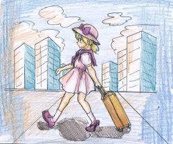 Rule 34 | 1980s (style), 1girl, bad id, bad twitter id, blonde hair, briefcase, building, commentary request, dress, graphite (medium), hat, loafers, louise (touhou), low twintails, neckerchief, oldschool, outdoors, purple footwear, purple neckerchief, purple sailor collar, retro artstyle, rolling suitcase, sailor collar, shirt, shoes, sketch, skyscraper, suitcase, sun hat, takemoto izumi (style), touhou, touhou (pc-98), traditional media, twintails, walking, white dress, white headwear, yatyou