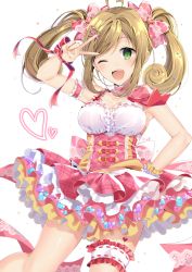 Rule 34 | 1girl, ;d, ahoge, arm garter, artist name, bad id, bad pixiv id, blonde hair, blush, bow, bracelet, breasts, bridal garter, choker, cowboy shot, dress, frilled choker, frilled dress, frills, green eyes, hair bow, hair ornament, hairclip, hand on own hip, heart, heart ahoge, heart tattoo, idolmaster, idolmaster cinderella girls, idolmaster cinderella girls starlight stage, jewelry, leg tattoo, long hair, looking at viewer, medium breasts, one eye closed, open mouth, pinb, ribbon, sato shin, simple background, sleeveless, sleeveless dress, smile, solo, tattoo, teeth, twintails, underbust, v, white background, wrist ribbon
