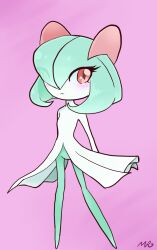 Rule 34 | blush, closed mouth, colored skin, commentary, creatures (company), english commentary, full body, game freak, gen 3 pokemon, green hair, green skin, hair over one eye, highres, kirlia, lavenderaraliya, looking at viewer, medium hair, multicolored skin, nintendo, one eye covered, petite, pink background, pokemon, pokemon (creature), red eyes, short hair, signature, simple background, solo, standing, two-tone skin, white skin