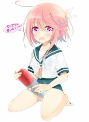 Rule 34 | 10s, 1girl, ahoge, hair ornament, hanata, i-58 (kancolle), kantai collection, open mouth, pink hair, school swimsuit, school uniform, serafuku, short hair, simple background, solo, swimsuit, swimsuit under clothes, torpedo, type 95 torpedo