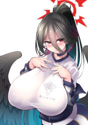Rule 34 | 1girl, absurdres, black hair, black wings, blue archive, blush, breasts, c.r., commentary request, feathered wings, hair between eyes, hands on own chest, hasumi (blue archive), hasumi (track) (blue archive), high ponytail, highres, huge breasts, jacket, long sleeves, mole, mole under eye, off shoulder, red hair, shirt, simple background, solo, t-shirt, upper body, white background, white shirt, wings
