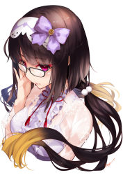 Rule 34 | 1girl, bad id, bad pixiv id, black-framed eyewear, black hair, blonde hair, blunt bangs, blush, bow, bra, breasts, center frills, closed mouth, commentary request, cropped torso, fate/grand order, fate (series), frilled shirt, frills, glasses, gradient hair, hairband, highres, long hair, long sleeves, looking at viewer, low twintails, medium breasts, multicolored hair, osakabehime (fate), pink eyes, purple bow, see-through, shirt, signature, simple background, solo, twintails, two-tone hairband, underwear, upper body, utayoi (umakatare), white background, white bra