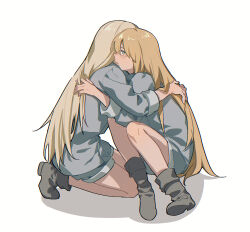 Rule 34 | 2boys, aged down, androgynous, blonde hair, blue eyes, boots, brothers, comforting, crying, from side, full body, grey footwear, grey hair, highres, hug, kneeling, knees up, long hair, looking ahead, male focus, millions knives, mole, mole under eye, multiple boys, profile, pudding49500, siblings, simple background, sitting, trigun, twins, vash the stampede, white background