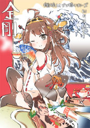 Rule 34 | 10s, 1girl, ;), ahoge, brown hair, cup, detached sleeves, double bun, hand fan, folding fan, grey eyes, hair ornament, hairband, holding, kantai collection, kongou (kancolle), long hair, looking at viewer, nontraditional miko, one eye closed, sitting, sketch, smile, sodapop (iemaki), solo, teacup, translation request, wink