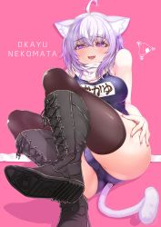 Rule 34 | 1girl, ahoge, animal ears, black footwear, black thighhighs, boots, breasts, cat ears, cat tail, character name, cross-laced footwear, english text, food, highres, hololive, kajimakoto, knee boots, lace-up boots, looking at viewer, medium hair, nekomata okayu, onigiri, purple eyes, purple hair, scarf, school swimsuit, shoe soles, solo, swimsuit, tail, thighhighs, thighhighs under boots, virtual youtuber