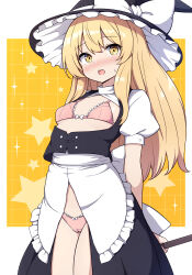 Rule 34 | 1girl, adapted costume, apron, black hat, black skirt, black vest, blonde hair, blush, bow, bra, broom, cameltoe, cowboy shot, frilled apron, frills, hat, hat bow, highres, holding, holding broom, kirisame marisa, long hair, looking at viewer, open mouth, panties, pink bra, pink panties, puffy short sleeves, puffy sleeves, revealing clothes, rizento, shirt, short sleeves, skirt, solo, sparkle, star (symbol), touhou, underwear, vest, waist apron, white apron, white bow, white shirt, witch hat, yellow eyes