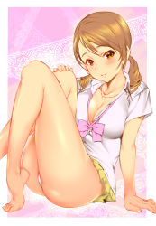 Rule 34 | 1girl, absurdres, ass, bare legs, barefoot, blush, bow, bowtie, breasts, brown hair, cleavage, collarbone, drill hair, framed, hand on own knee, highres, hojo karen, idolmaster, idolmaster cinderella girls, idolmaster cinderella girls starlight stage, jewelry, knees up, lace background, looking at viewer, loose bowtie, medium breasts, medium hair, necklace, panties, pantyshot, parted lips, pink bow, pink bowtie, pleated skirt, shigaoka, shirt, short sleeves, sitting, skirt, smile, solo, star (symbol), star necklace, thick thighs, thighs, twin drills, underwear, white panties, white shirt, yellow eyes, yellow skirt