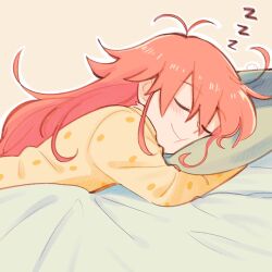 Rule 34 | 1girl, ange (angeban93), cheek press, closed eyes, closed mouth, flip flappers, hugging object, long hair, on bed, orange hair, pajamas, papika (flip flappers), pillow, pillow hug, sleeping, smile, solo, yellow pajamas, zzz