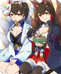 Rule 34 | 2girls, akagi (azur lane), akagi (azur lane) (cosplay), akagi (kancolle), alternate costume, animal ears, azur lane, black gloves, black hair, border, bowl, breasts, brown eyes, brown hair, chopsticks, cleavage, collar, collarbone, commentary request, cosplay, eating, fake animal ears, food, food in mouth, food on face, fox ears, fox mask, fox tail, gloves, gradient hair, hair between eyes, hair tubes, hands on own thighs, highres, historical name connection, holding, holding bowl, holding chopsticks, inarizushi, japanese clothes, kaga (azur lane), kaga (azur lane) (cosplay), kaga (kancolle), kantai collection, kikumon, kimono, large breasts, long hair, long sleeves, looking at viewer, mask, mask on head, multicolored hair, multiple girls, name connection, pleated skirt, ribbon-trimmed sleeves, ribbon trim, seiza, side ponytail, sidelocks, sitting, skirt, smile, straight hair, sushi, tail, thighhighs, twitter username, white border, wide sleeves