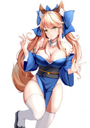 Rule 34 | 1girl, absurdres, animal ear fluff, animal ears, ban tang, bare shoulders, blue bow, blue sleeves, bow, breasts, brown hair, chinese commentary, cleavage, closed mouth, collarbone, detached collar, detached sleeves, dot nose, fate/grand order, fate (series), fox ears, fox girl, fox tail, geta, hair bow, hair ornament, highres, japanese clothes, large breasts, looking at viewer, miko, panties, simple background, solo, standing, standing on one leg, tail, tamamo (fate), tamamo no mae (fate/extra), thighhighs, thighs, underwear, v-shaped eyebrows, white background, white panties, white thighhighs, wide sleeves, yellow eyes