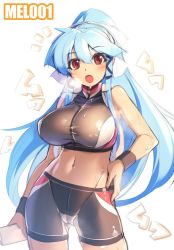 Rule 34 | 1girl, bike shorts, blue hair, blush, bow, breasts, breath, cameltoe, crotch seam, covered erect nipples, hair bow, hair ribbon, hand on own hip, jpeg artifacts, large breasts, long hair, mel/a, melmaid, midriff, navel, open mouth, original, red eyes, ribbon, sidelocks, solo, sweat, wristband