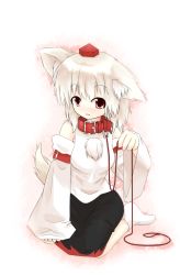 Rule 34 | 1girl, animal ears, bare shoulders, blush, breasts, collar, detached sleeves, hat, inubashiri momiji, kunsei hamu, leash, looking at viewer, open mouth, pom pom (clothes), red eyes, sarashi, shirt, short hair, silver hair, sitting, skirt, smile, solo, tail, tokin hat, touhou, white background, wolf ears, wolf tail