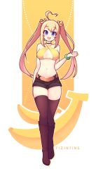 Rule 34 | 1girl, absurdres, ahoge, artist name, banana, banana hair ornament, belt, black footwear, black shorts, black thighhighs, blonde hair, blush, boots, bracelet, breasts, choker, cleavage, collarbone, commission, fizintine, food, food-themed hair ornament, fruit, full body, hair ornament, halterneck, halterneck, heart, heart ahoge, highres, jewelry, knee boots, long hair, looking at viewer, medium breasts, navel, open mouth, original, purple eyes, short shorts, shorts, smile, solo, teeth, thighhighs, twintails, upper teeth only