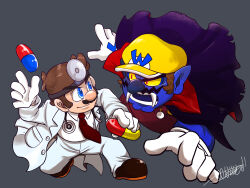 Rule 34 | 2boys, blue eyes, blue skin, brown footwear, brown hair, buttons, cape, cleft chin, closed mouth, coat, collared cape, collared shirt, colored sclera, colored skin, commentary request, dr. mario, dr. mario (game), dr. mario 64, facial hair, fangs, full body, gloves, grey background, hat, head mirror, highres, holding pill, lab coat, long sleeves, looking at another, male focus, mario, mario (series), multiple boys, mustache, necktie, nintendo, omu (sinsindan), open clothes, open coat, open mouth, overalls, pants, pill, pointy ears, purple cape, purple overalls, purple pants, red eyes, red necktie, shirt, shoes, short hair, short sleeves, signature, simple background, slit pupils, smile, smirk, standing, stethoscope, teeth, v-shaped eyebrows, vampire, wario, wario land, wario land 3, white coat, white gloves, white pants, white shirt, yellow headwear, yellow sclera, yellow shirt