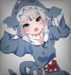 Rule 34 | 1girl, animal hood, blue eyes, blue hoodie, blunt bangs, blush, claw pose, commentary, dutch angle, fins, fish bone, fish tail, gawr gura, gawr gura (1st costume), gradient background, grey background, hololive, hololive english, hood, hoodie, iroha (pcrx7327), long hair, long sleeves, multicolored hair, open mouth, shark, shark girl, shark hood, shark print, shark tail, sharp teeth, sidelocks, silver hair, sleeves past wrists, streaked hair, tail, teeth, virtual youtuber